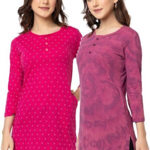 Pack of 2 Women Printed Round Neck Cotton Blend Red, Maroon T-Shirt