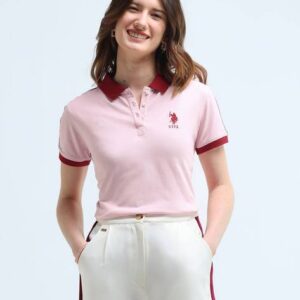 Women Solid Polo Neck Cotton Blend Pink T-Shirt