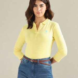 Women Solid Polo Neck Cotton Blend Yellow T-Shirt