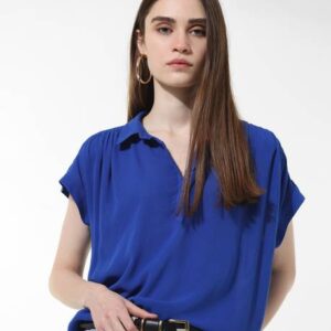 Women Solid Polo Neck Viscose Rayon Blue T-Shirt