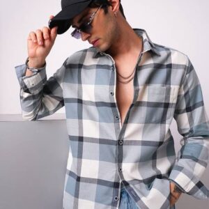 Men Slim Fit Checkered Cut Away Collar Casual Shirt #4