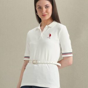 Women Solid Polo Neck Polyester White T-Shirt