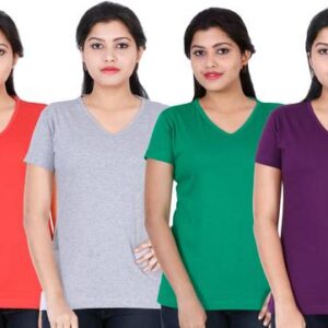 Pack of 4 Womens V-Neck Half Sleeve Women Solid V Neck ...