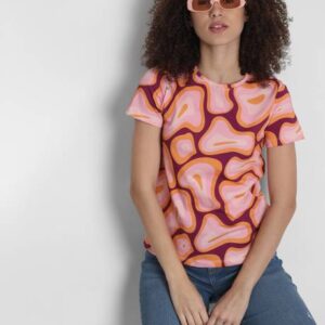 Women Printed Round Neck Cotton Blend Pink T-Shirt