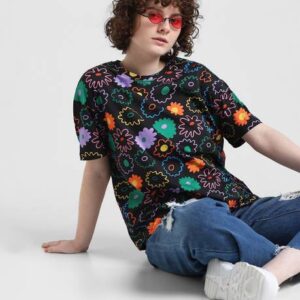 Women Printed Round Neck Cotton Blend Black T-Shirt