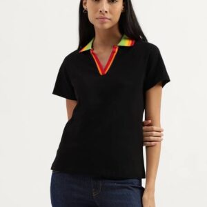 Women Solid Polo Neck Cotton Blend Black T-Shirt