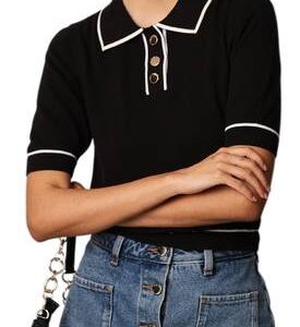 Women Solid Polo Neck Cotton Blend Black T-Shirt #5