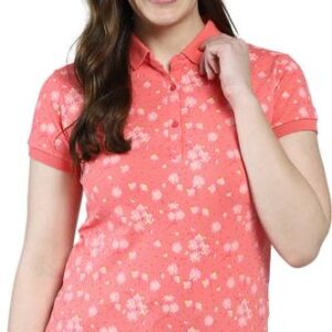 Women Printed Polo Neck Cotton Blend Pink T-Shirt