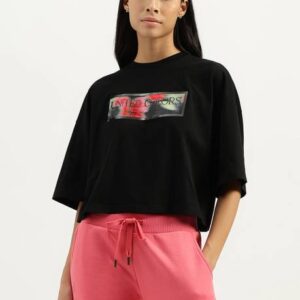 Women Printed Round Neck Pure Cotton Black T-Shirt