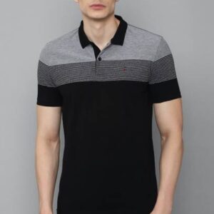 Men Striped Polo Neck Pure Cotton Black T-Shirt