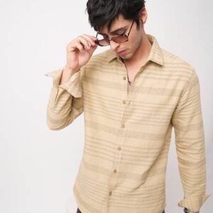 Men Slim Fit Self Design Cut Away Collar Casual Shirt