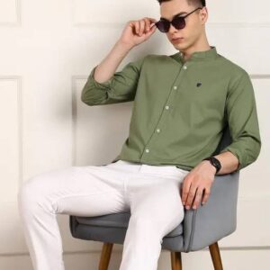 Men Slim Fit Solid Mandarin Collar Casual Shirt