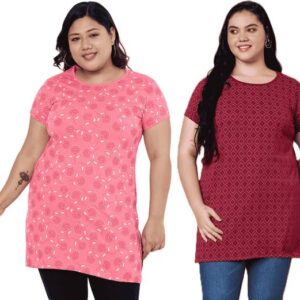 Pack of 2 Women Printed Round Neck Cotton Blend Pink, M...