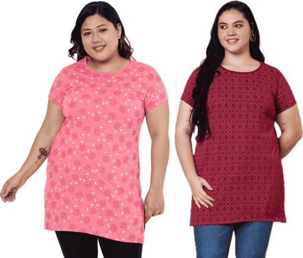 Pack of 2 Women Printed Round Neck Cotton Blend Pink, M...