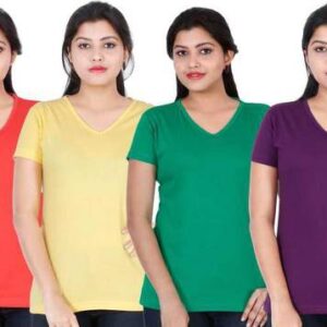 Pack of 4 Women Solid V Neck Cotton Blend Red T-Shirt