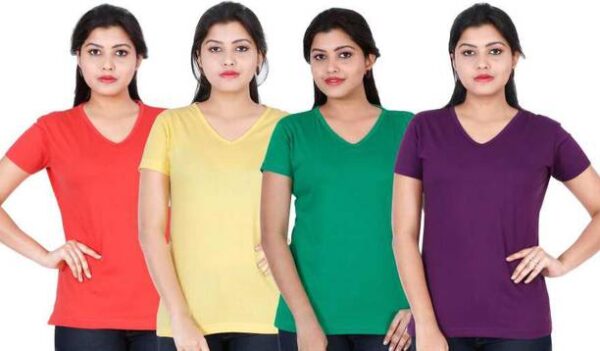 Pack of 4 Women Solid V Neck Cotton Blend Red T-Shirt