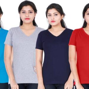Pack of 4 Women Solid V Neck Cotton Blend Multicolor T-...