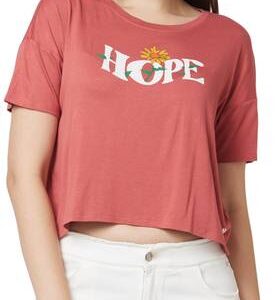 Women Printed, Typography Round Neck Cotton Blend Brown...