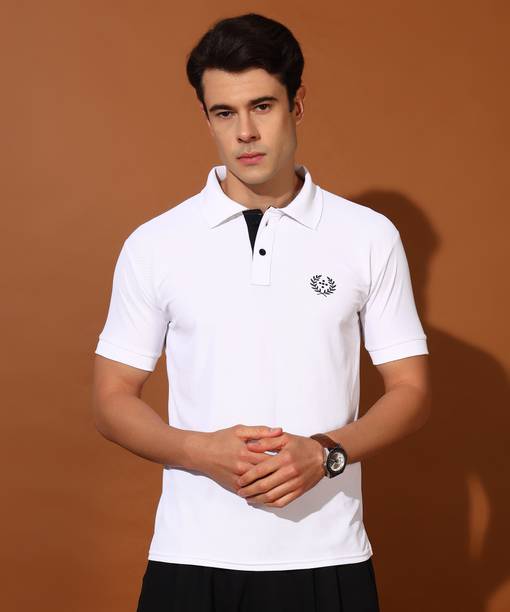 Christy World Men Solid Polo Neck Polyester White T-Shirt