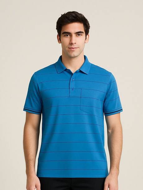 Men Solid Polo Neck Cotton Blend Blue T-Shirt