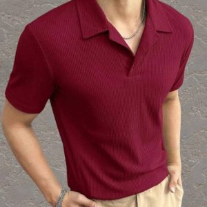 HouseOfCommon Men Self Design Polo Neck Cotton Blend Maroon T-Shirt