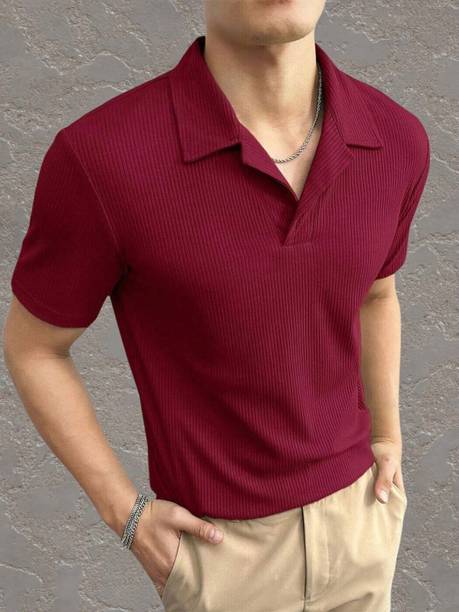 HouseOfCommon Men Self Design Polo Neck Cotton Blend Maroon T-Shirt