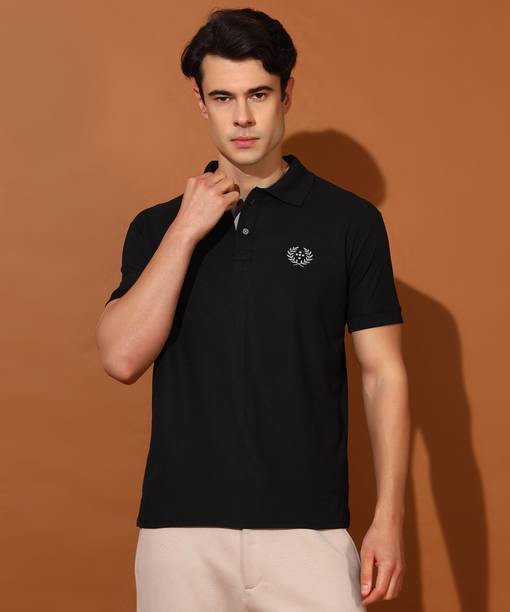 Christy World Men Solid Polo Neck Polyester Black T-Shirt