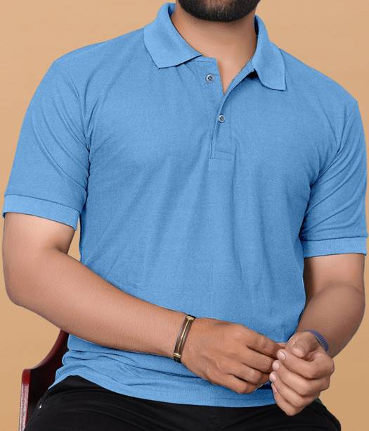 Men Solid Polo Neck Polyester Light Blue T-Shirt