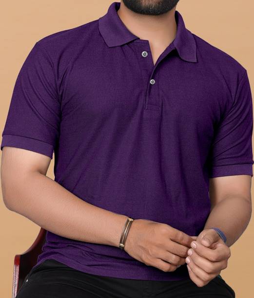 Men Solid Polo Neck Polyester Purple T-Shirt