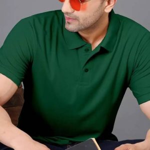 INKKR Men Solid Polo Neck Polycotton Green T-Shirt