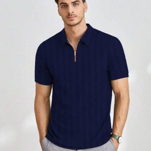 TOIX Men Self Design Polo Neck Polycotton Dark Blue T-Shirt