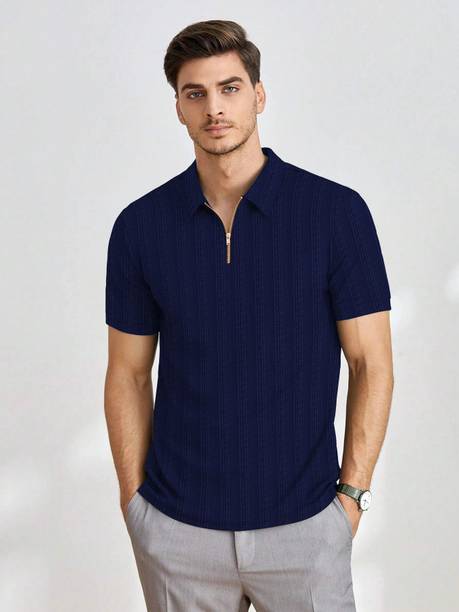 TOIX Men Self Design Polo Neck Polycotton Dark Blue T-Shirt