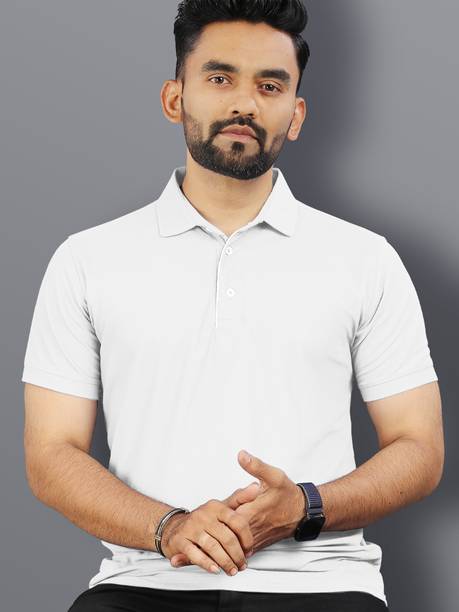 VeBNoR Men Solid Polo Neck Polyester White T-Shirt