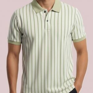 Men Striped Polo Neck Cotton Blend Beige, Light Green T...