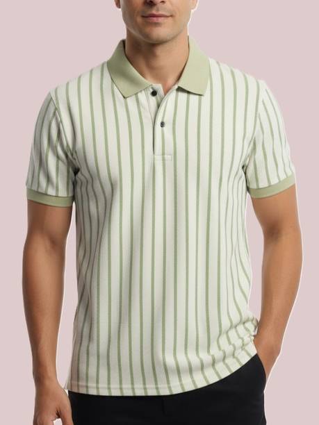 Men Striped Polo Neck Cotton Blend Beige, Light Green T...