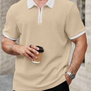 KAJARU Men Self Design Polo Neck Polyester Beige, White T-Shirt
