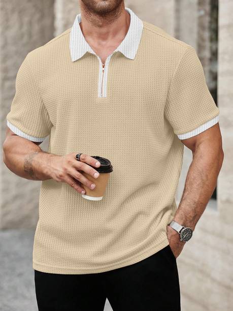 KAJARU Men Self Design Polo Neck Polyester Beige, White T-Shirt