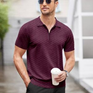 Men Checkered Polo Neck Cotton Blend Maroon T-Shirt