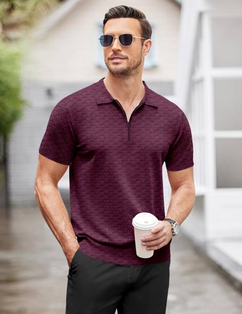 Men Checkered Polo Neck Cotton Blend Maroon T-Shirt