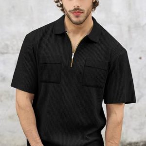 TRIPR Men Solid Polo Neck Cotton Blend Black T-Shirt