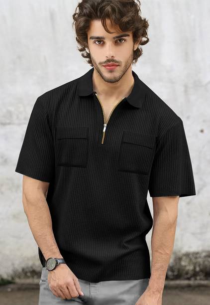 TRIPR Men Solid Polo Neck Cotton Blend Black T-Shirt