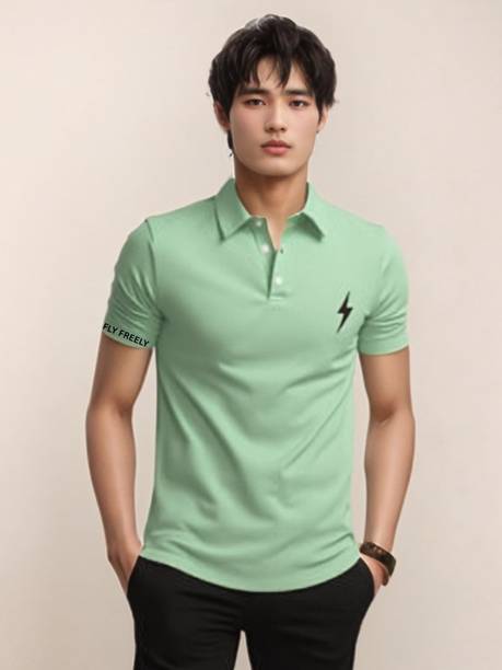 HouseOfCommon Men Solid Polo Neck Cotton Blend Light Green T-Shirt