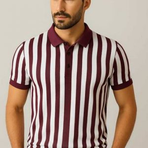 Men Striped Polo Neck Polyester Maroon, White T-Shirt