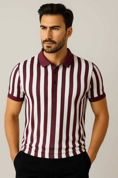 Men Striped Polo Neck Polyester Maroon, White T-Shirt