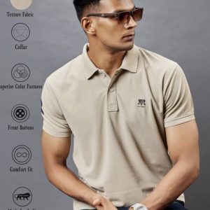 Men Solid Polo Neck Cotton Blend Beige T-Shirt