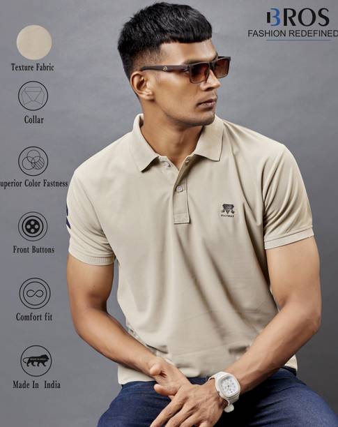 Men Solid Polo Neck Cotton Blend Beige T-Shirt