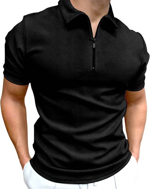 Men Solid Polo Neck Cotton Blend Black T-Shirt