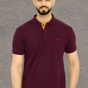 HouseOfCommon Men Solid Polo Neck Cotton Blend Maroon T-Shirt