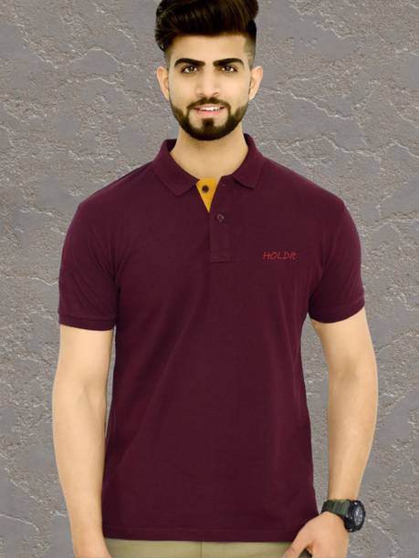 HouseOfCommon Men Solid Polo Neck Cotton Blend Maroon T-Shirt