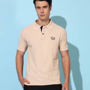 Christy World Men Solid Polo Neck Polyester Beige T-Shirt